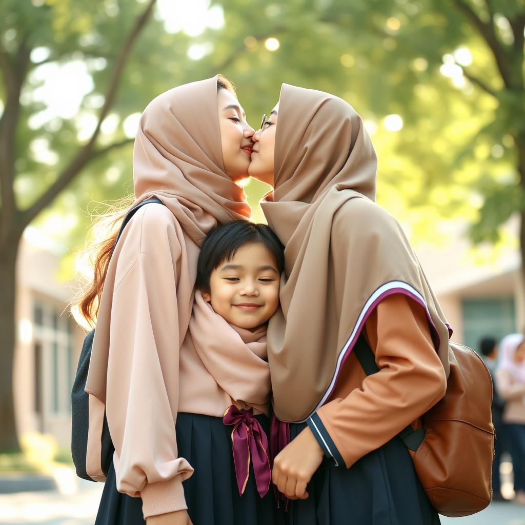 A heartwarming scene featuring a tall girl kissing a shorter girl on the lips, both of them radiating beauty and love