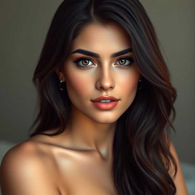 A hyper-realistic portrait of a 25-year-old Persian woman with large breasts and a stunningly beautiful face
