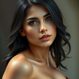 A hyper-realistic portrait of a 25-year-old Persian woman with large breasts and a stunningly beautiful face