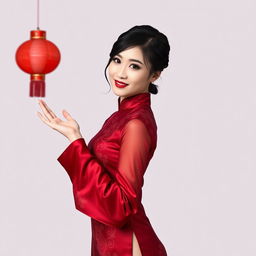 A Chinese girl dressed in a sexy red maroon traditional Chinese outfit, gracefully holding her hand to the right as if presenting something, even though her hand is empty