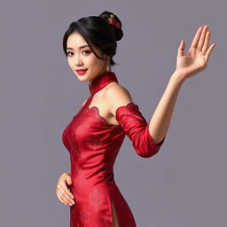 A Chinese girl dressed in a sexy red maroon traditional Chinese outfit, gracefully holding her hand to the right as if presenting something, even though her hand is empty