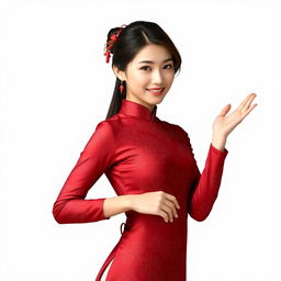 A Chinese girl dressed in a sexy red maroon traditional Chinese outfit, gracefully holding her hand to the right as if presenting something, even though her hand is empty