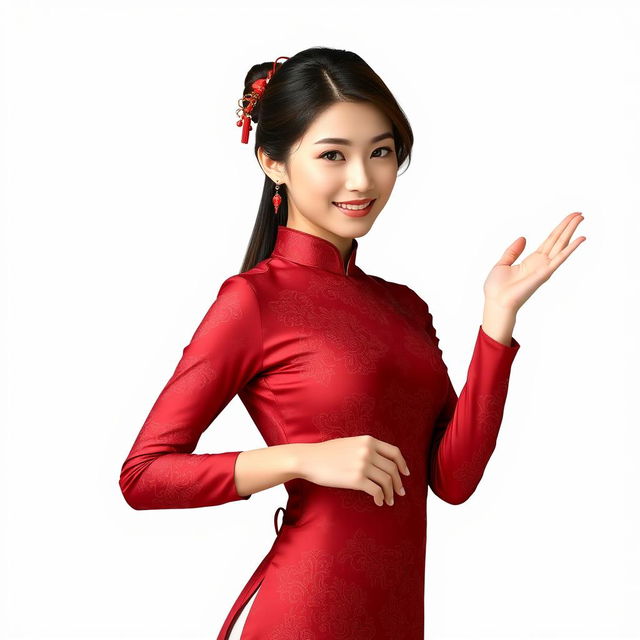 A Chinese girl dressed in a sexy red maroon traditional Chinese outfit, gracefully holding her hand to the right as if presenting something, even though her hand is empty