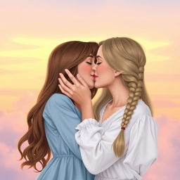 Two beautiful girls in a tender moment, one girl gently holding the other girl's face in her hands, leaning in to kiss her softly