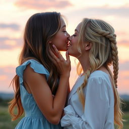 Two beautiful girls in a tender moment, one girl gently holding the other girl's face in her hands, leaning in to kiss her softly