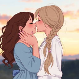 Two beautiful girls in a tender moment, one girl gently holding the other girl's face in her hands, leaning in to kiss her softly