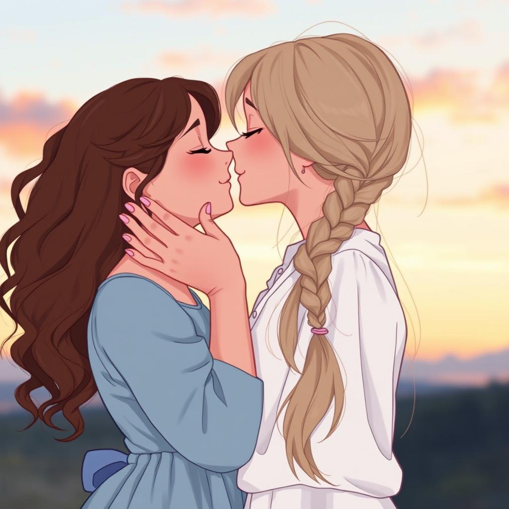 Two beautiful girls in a tender moment, one girl gently holding the other girl's face in her hands, leaning in to kiss her softly