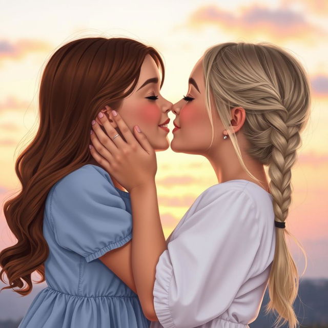 Two beautiful girls in a tender moment, one girl gently holding the other girl's face in her hands, leaning in to kiss her softly