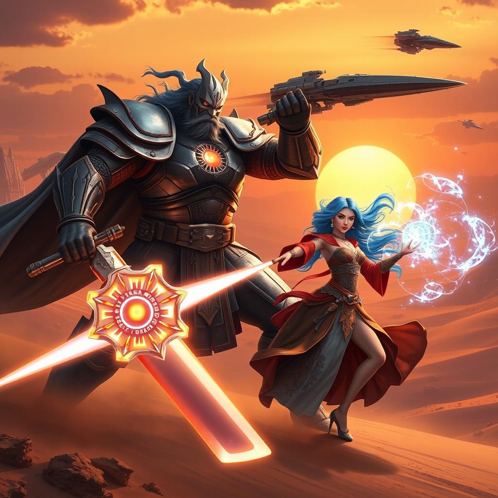 A hyperrealistic crossover scene featuring Escanor, a colossal warrior with a glowing sun motif on his armor, and Merlin, a stunning sorceress with flowing, luminous blue hair and ornate robes, set in the Star Wars universe