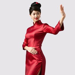 A Chinese girl dressed in a sexy red maroon traditional Chinese outfit, elegantly holding her empty hand to the right, as if gesturing or showcasing something invisible