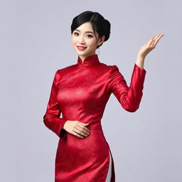 A Chinese girl dressed in a sexy red maroon traditional Chinese outfit, elegantly holding her empty hand to the right, as if gesturing or showcasing something invisible