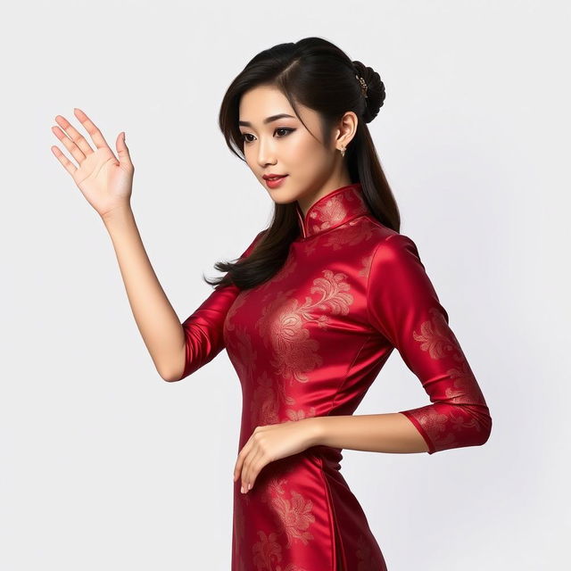 A Chinese girl dressed in a sexy red maroon traditional Chinese outfit, elegantly holding her empty hand to the right, as if gesturing or showcasing something invisible