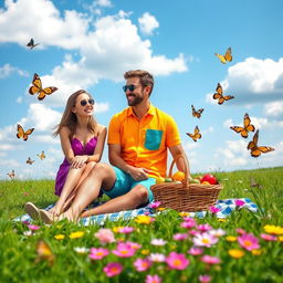 A vibrant outdoor setting with two fashionable adults enjoying a picnic