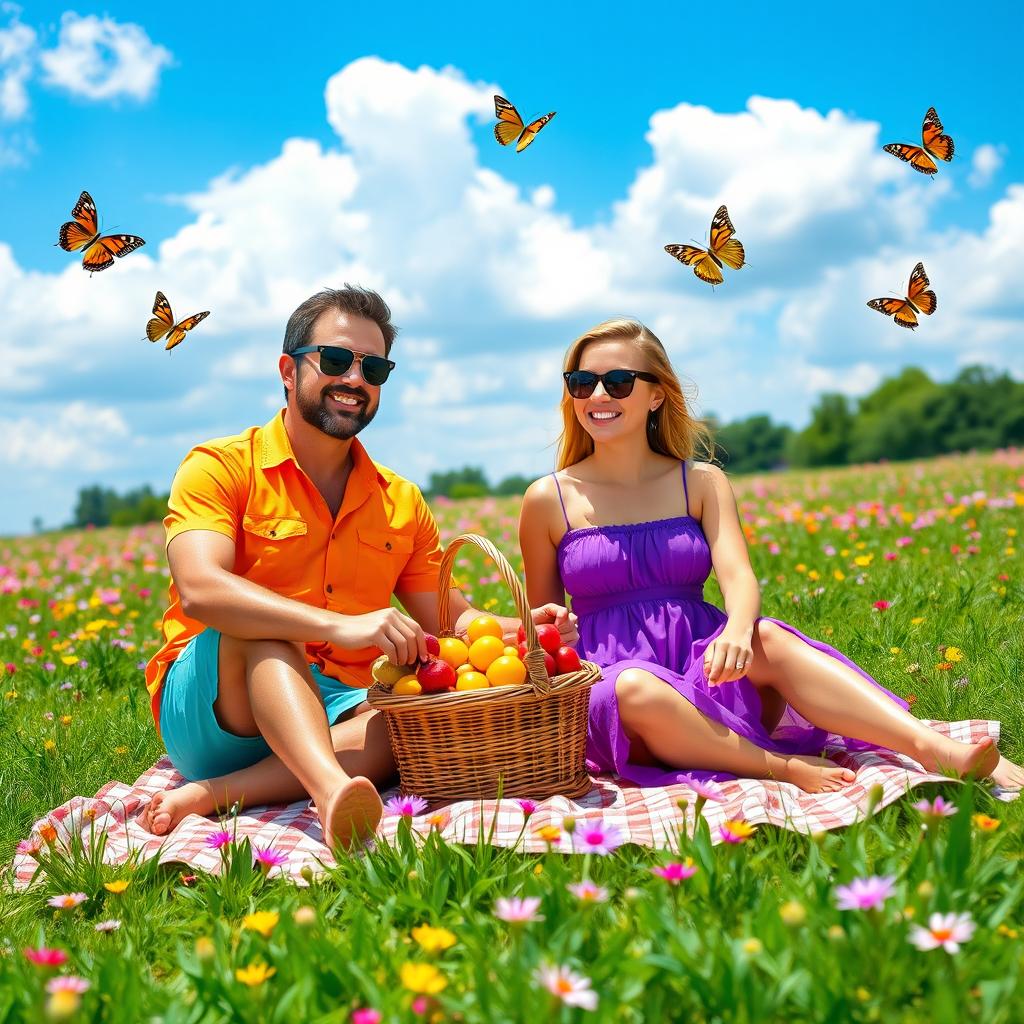 A vibrant outdoor setting with two fashionable adults enjoying a picnic