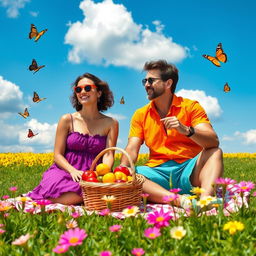 A vibrant outdoor setting with two fashionable adults enjoying a picnic