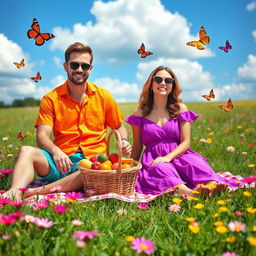 A vibrant outdoor setting with two fashionable adults enjoying a picnic
