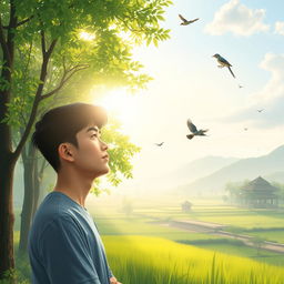 A Vietnamese male student, deep in thought, imagines a serene morning scene in Vietnam