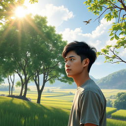 A Vietnamese male student, deep in thought, imagines a serene morning scene in Vietnam