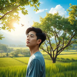 A Vietnamese male student, deep in thought, imagines a serene morning scene in Vietnam