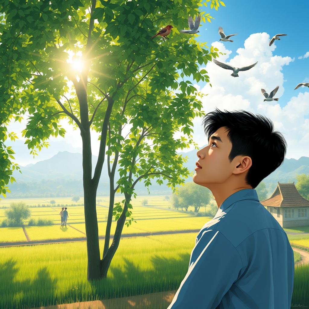 A Vietnamese male student, deep in thought, imagines a serene morning scene in Vietnam