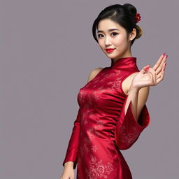 A Chinese girl dressed in a sexy red maroon traditional Chinese outfit, gracefully holding her empty hand to the right as if presenting something