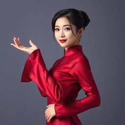 A Chinese girl dressed in a sexy red maroon traditional Chinese outfit, gracefully holding her empty hand to the right as if presenting something