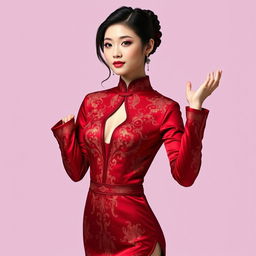 A Chinese girl dressed in a sexy red maroon traditional Chinese outfit, gracefully holding her empty hand to the right as if presenting something