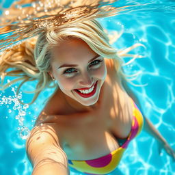 An American fit blonde woman wearing a vibrant, strapless colorful bikini, peeking above the water's surface in a sparkling swimming pool