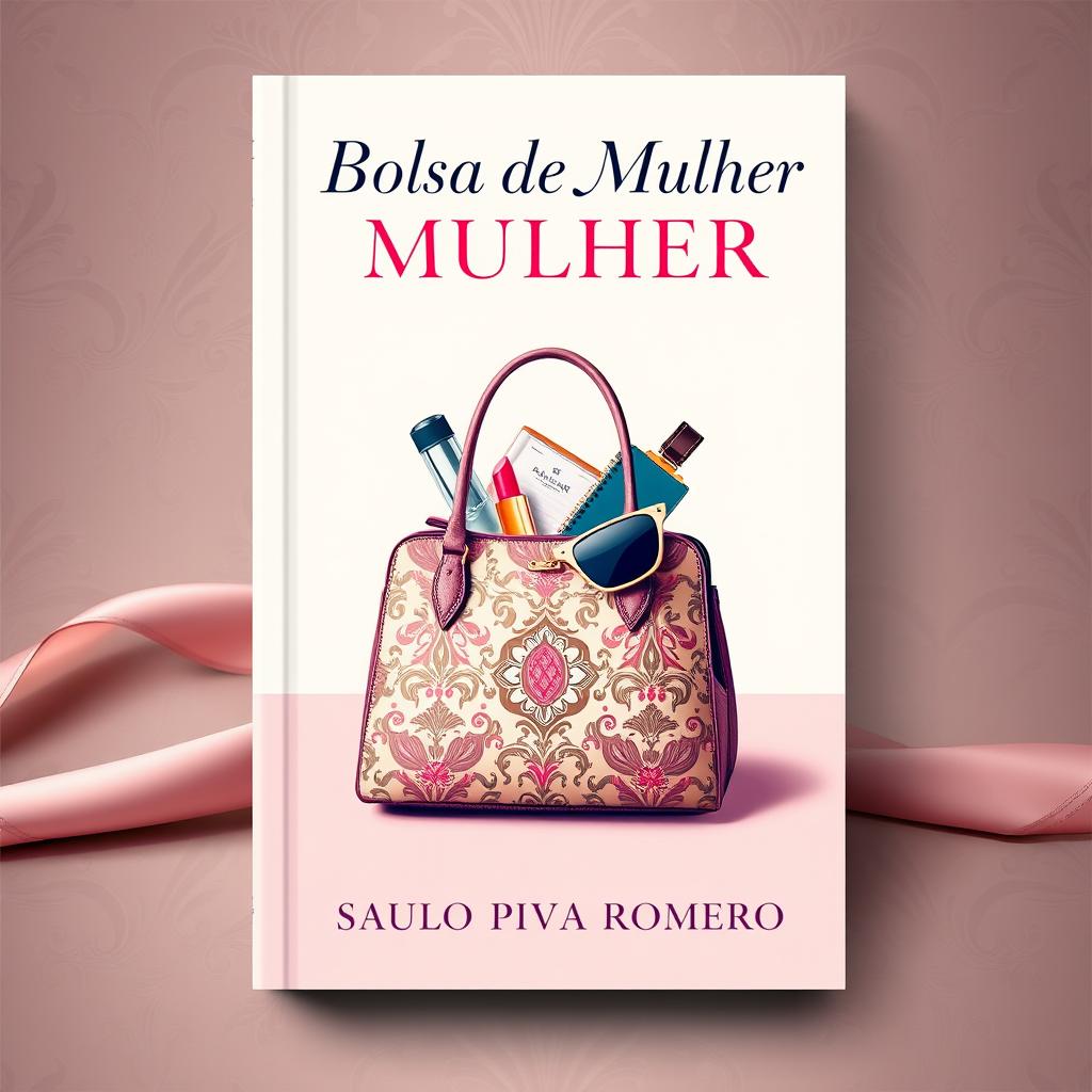 A captivating book cover design for 'Bolsa de Mulher' by Saulo Piva Romero, featuring an artistic representation of a stylish handbag placed centrally against an elegant backdrop