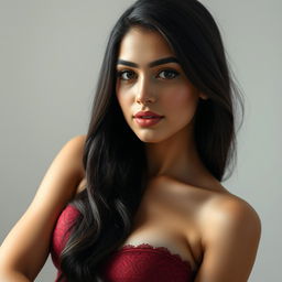 A hyper-realistic portrait of a 25-year-old Persian woman with large breasts and a stunningly pretty face