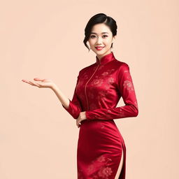 A Chinese girl in a sexy red maroon traditional Chinese outfit, elegantly presenting something with her hand extended to the right side