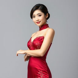 A Chinese girl in a sexy red maroon traditional Chinese outfit, elegantly presenting something with her hand extended to the right side