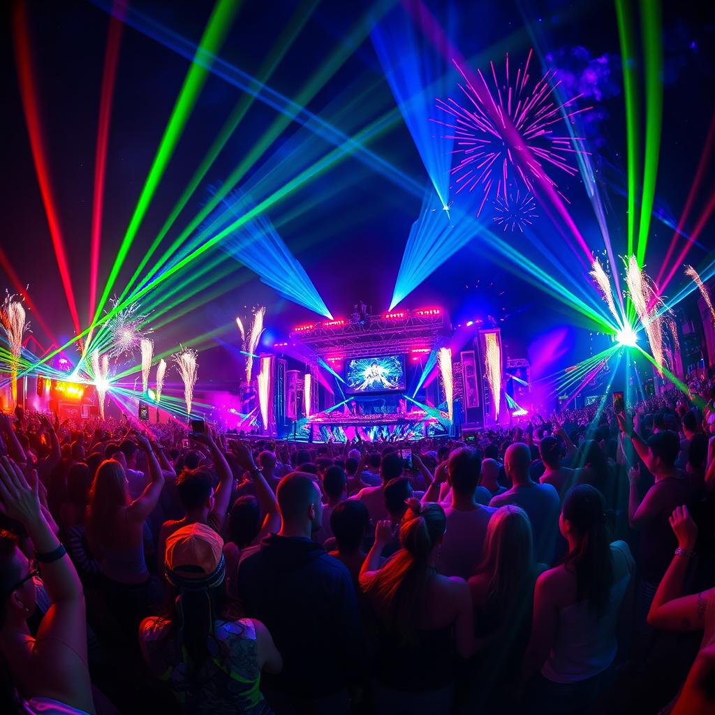 A vibrant night scene at a hardstyle music festival, with energetic crowds dancing under colorful lasers and strobe lights
