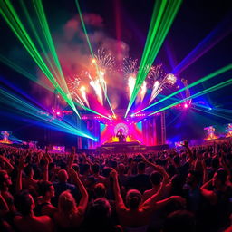 A vibrant night scene at a hardstyle music festival, with energetic crowds dancing under colorful lasers and strobe lights