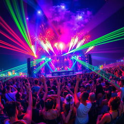 A vibrant night scene at a hardstyle music festival, with energetic crowds dancing under colorful lasers and strobe lights
