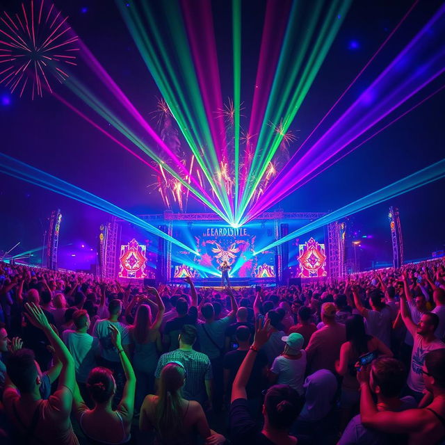 A vibrant night scene at a hardstyle music festival, with energetic crowds dancing under colorful lasers and strobe lights