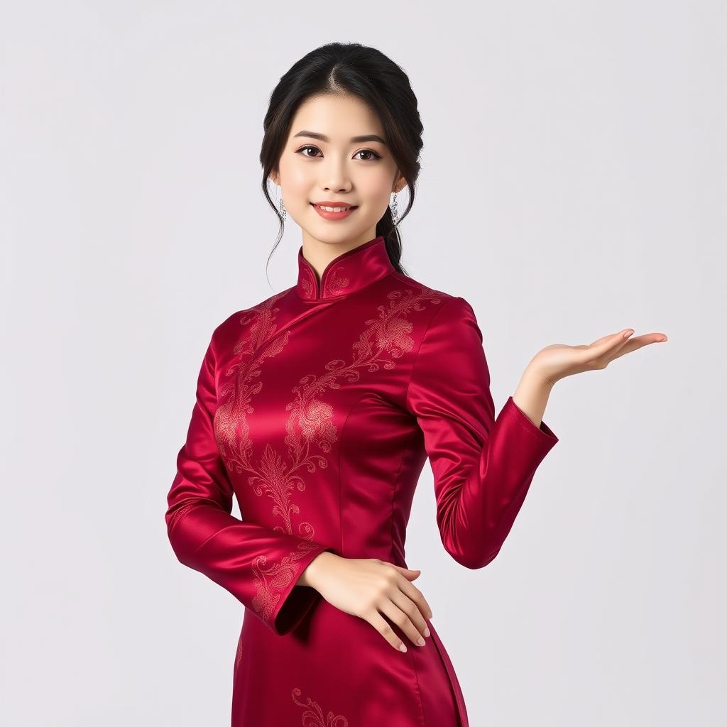 A Chinese girl dressed in a sexy red maroon traditional Chinese outfit, elegantly presenting something with her hand extended to the right side