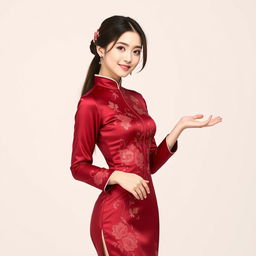 A Chinese girl dressed in a sexy red maroon traditional Chinese outfit, elegantly presenting something with her hand extended to the right side