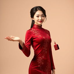 A Chinese girl dressed in a sexy red maroon traditional Chinese outfit, elegantly presenting something with her hand extended to the right side