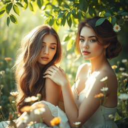 A serene and beautiful scene featuring graceful and elegant women in a soft, dreamy setting