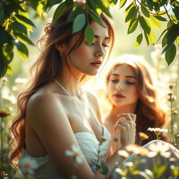 A serene and beautiful scene featuring graceful and elegant women in a soft, dreamy setting