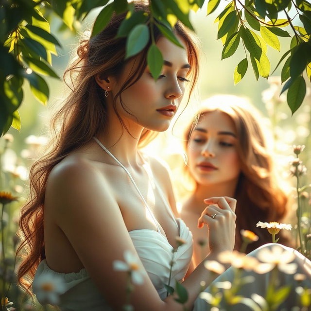 A serene and beautiful scene featuring graceful and elegant women in a soft, dreamy setting