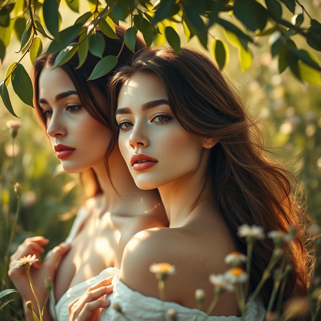 A serene and beautiful scene featuring graceful and elegant women in a soft, dreamy setting