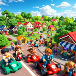 A vibrant and lively scene from a Roblox Brookhaven-inspired world, featuring miniature versions of popular Brookhaven characters and locations