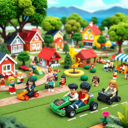 A vibrant and lively scene from a Roblox Brookhaven-inspired world, featuring miniature versions of popular Brookhaven characters and locations
