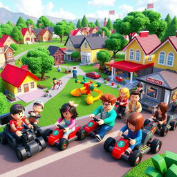 A vibrant and lively scene from a Roblox Brookhaven-inspired world, featuring miniature versions of popular Brookhaven characters and locations