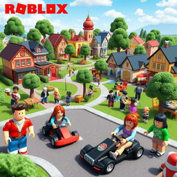 A vibrant and lively scene from a Roblox Brookhaven-inspired world, featuring miniature versions of popular Brookhaven characters and locations