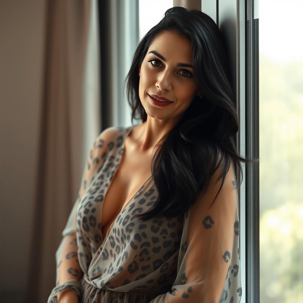 A 40-year-old woman with black hair, standing by a window