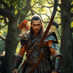 A fierce warrior with a bow, showcasing intricate armor and a determined expression