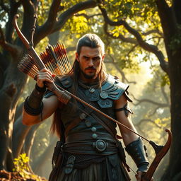 A fierce warrior with a bow, showcasing intricate armor and a determined expression